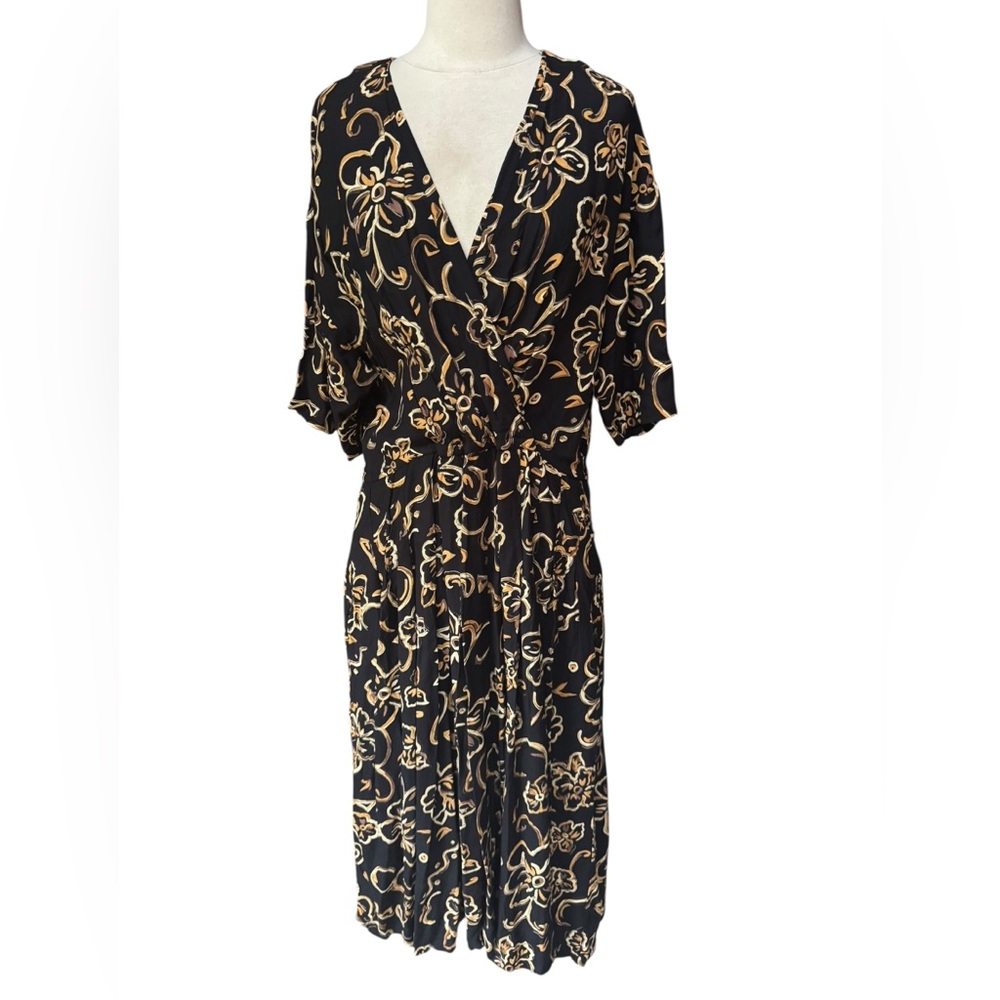 Late 1980s/Early 90s Together! 100% Rayon, Floral Print, V-Neckline Blouson Dres